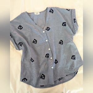 Kindred Short Sleeve Button Down Shirt Blouse w/ Embroidered Anchors Size Large